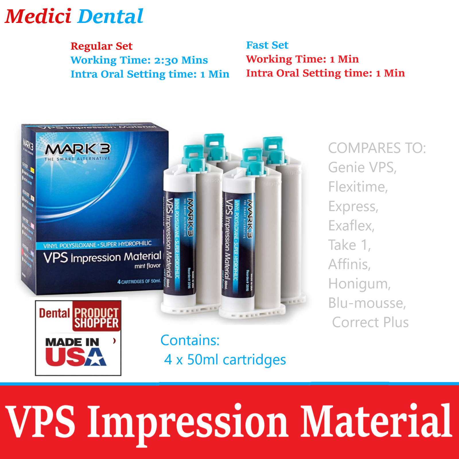 DENTAL HEAVY BODY FAST SET VPS IMPRESSION MATERIAL 4 X 50ML CARTRIDGES, Exp 2024