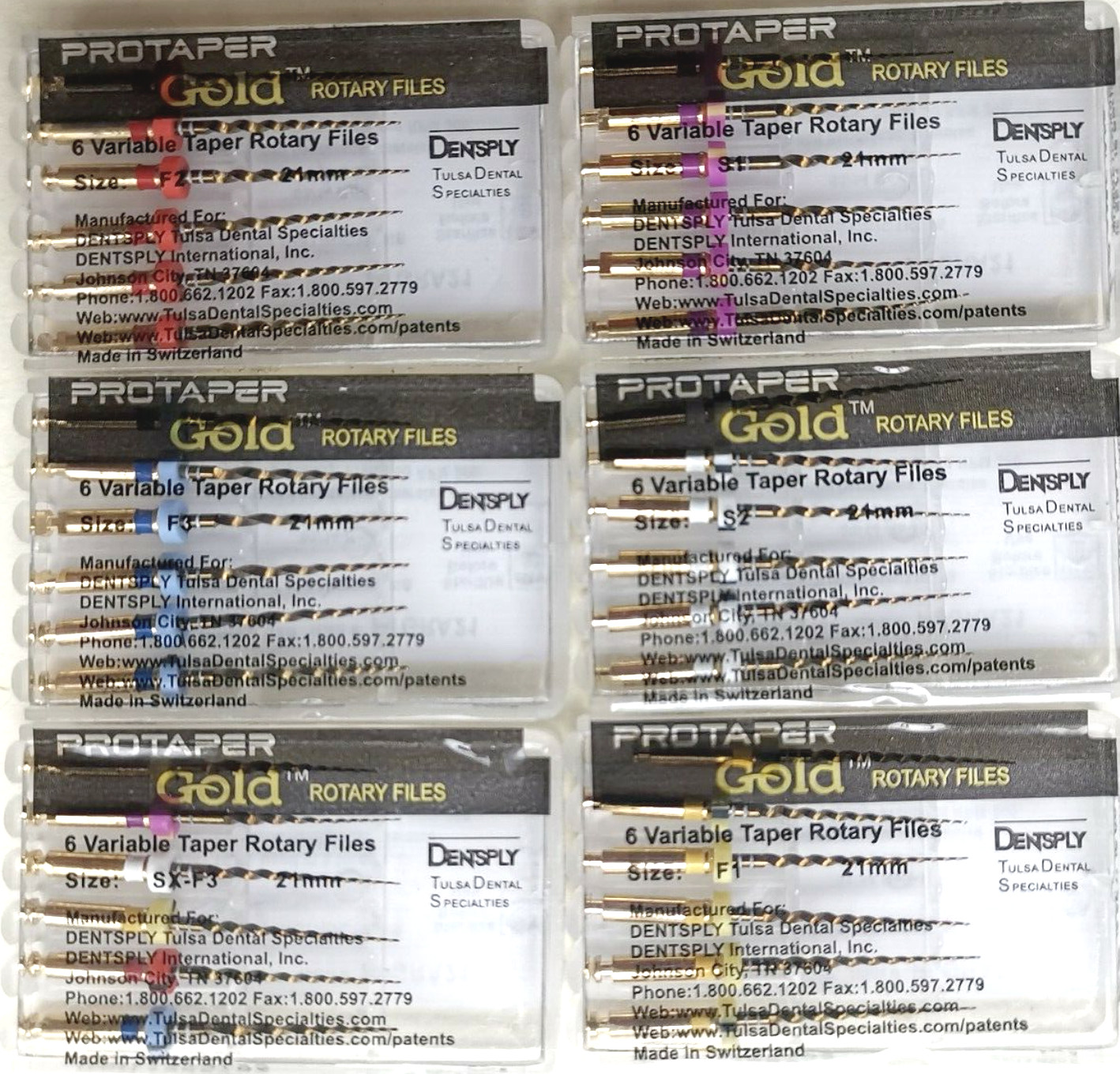 Dentsply ProTaper Gold Rotary Files F1,F2,F3,S1,S2,SX-F3, SX19 21mm 6 file pkg 1