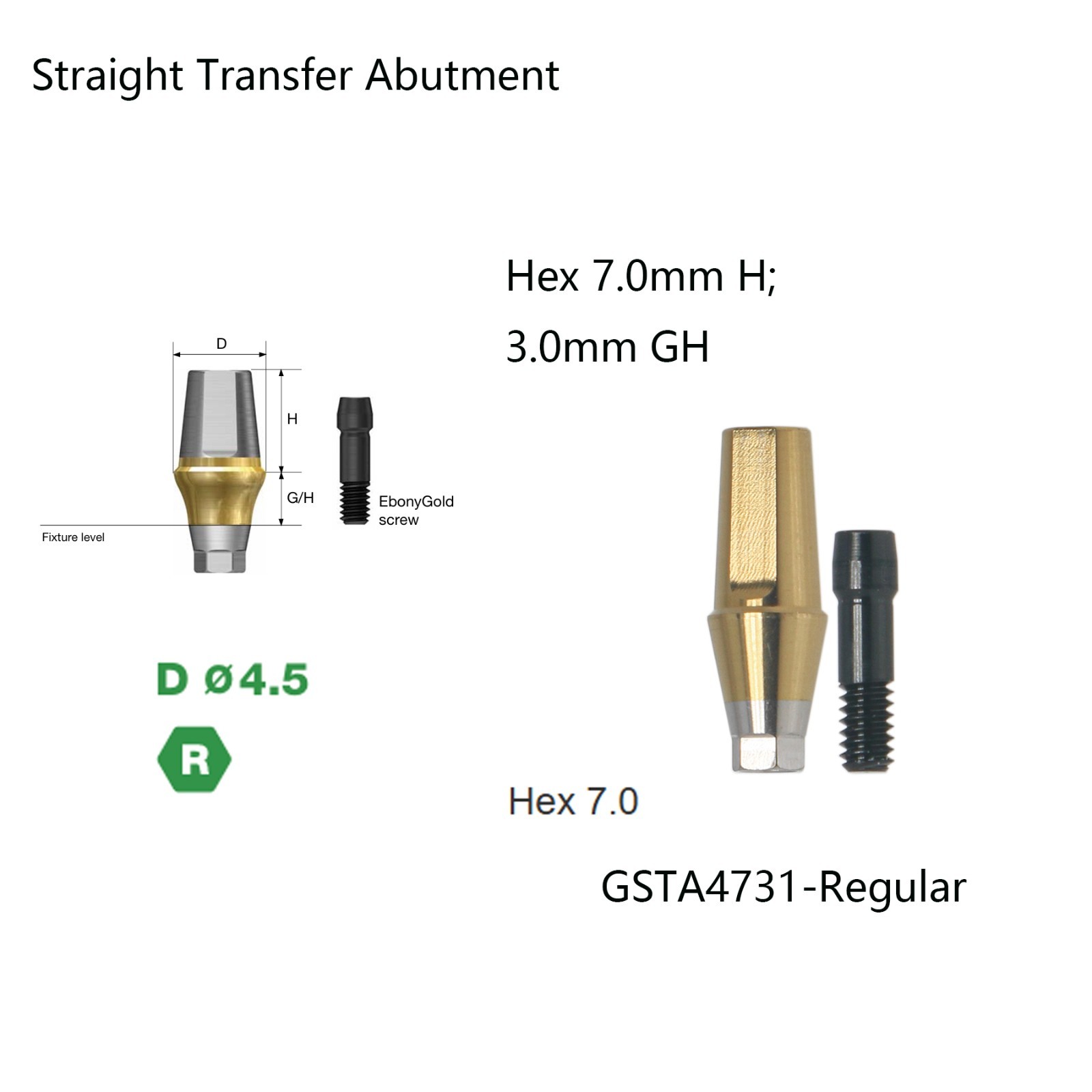 Ti Dental Regular Straight Abutment Hex Cemented abutment fit Hiossen ET 3.0 GH