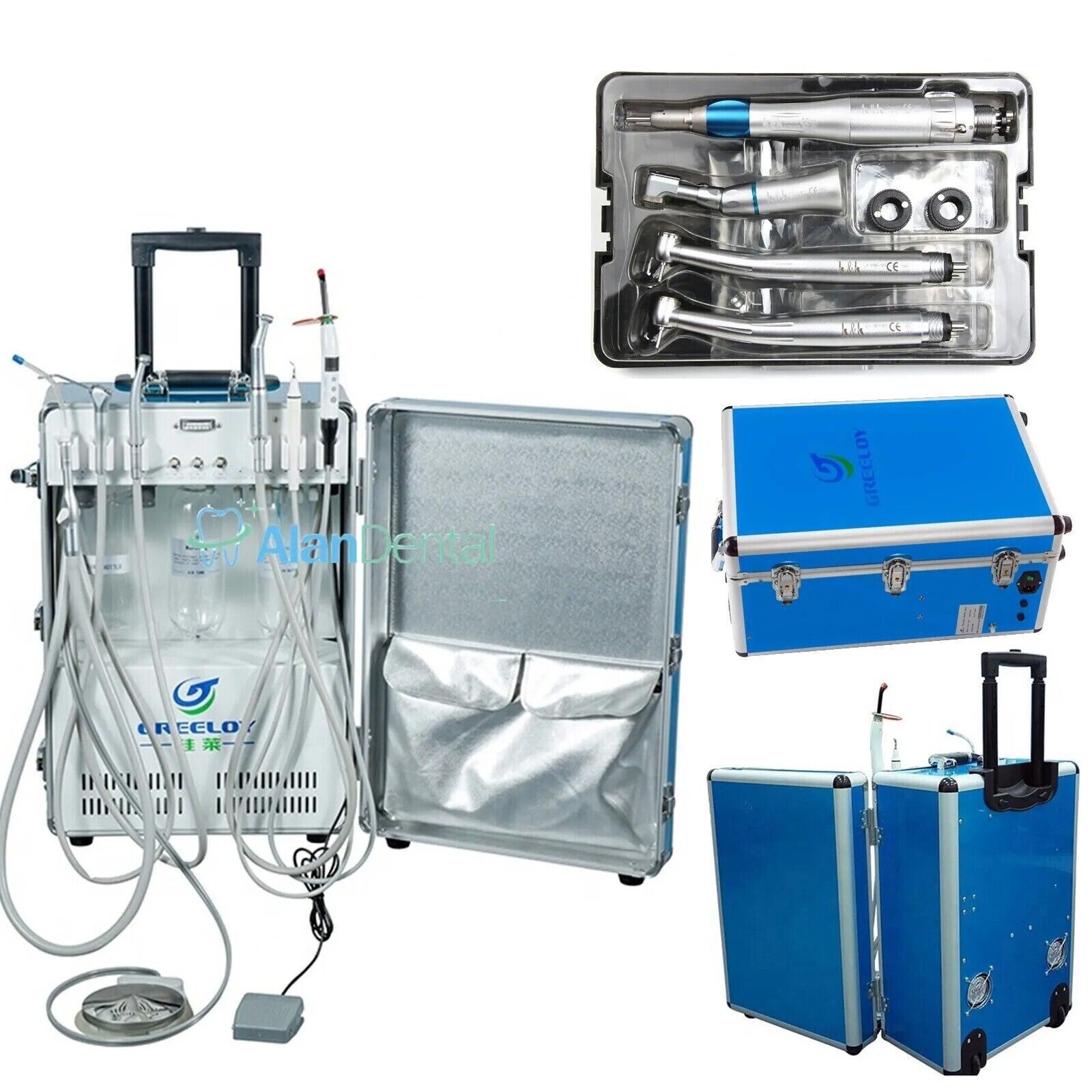 Greeloy Portable Dental Unit +Curing light +Scaler +High & Low Speed Handpieces