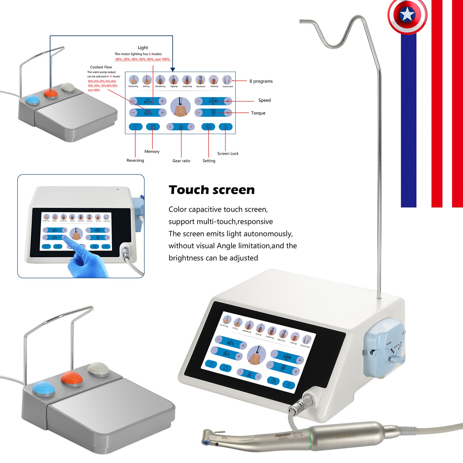Dental Implant Motor System Surgical Brushless Motor 20:1 Contra Angle AC100-240