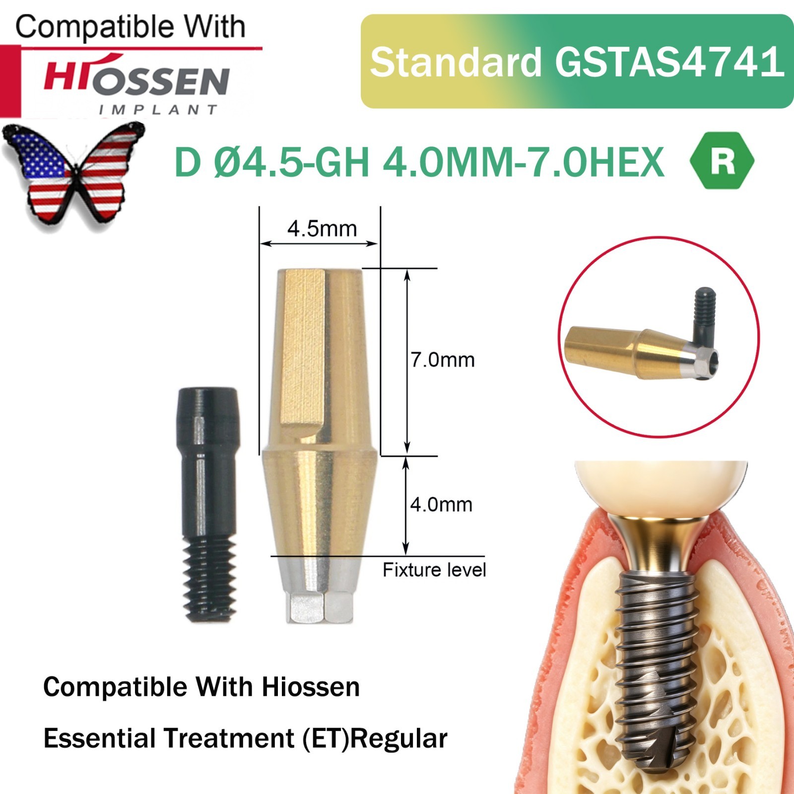 Dental Titanium Straight Abutment Fit Osstem Hiossen ET Regular Cement Retained