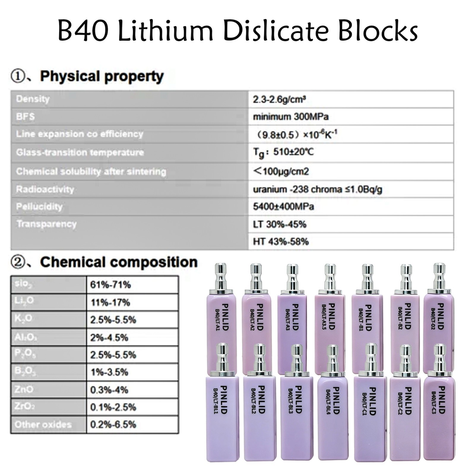 B40 Dental LT Emax Ceramic Blocks Lithium Disilicate Block CAD/CAM for CEREC