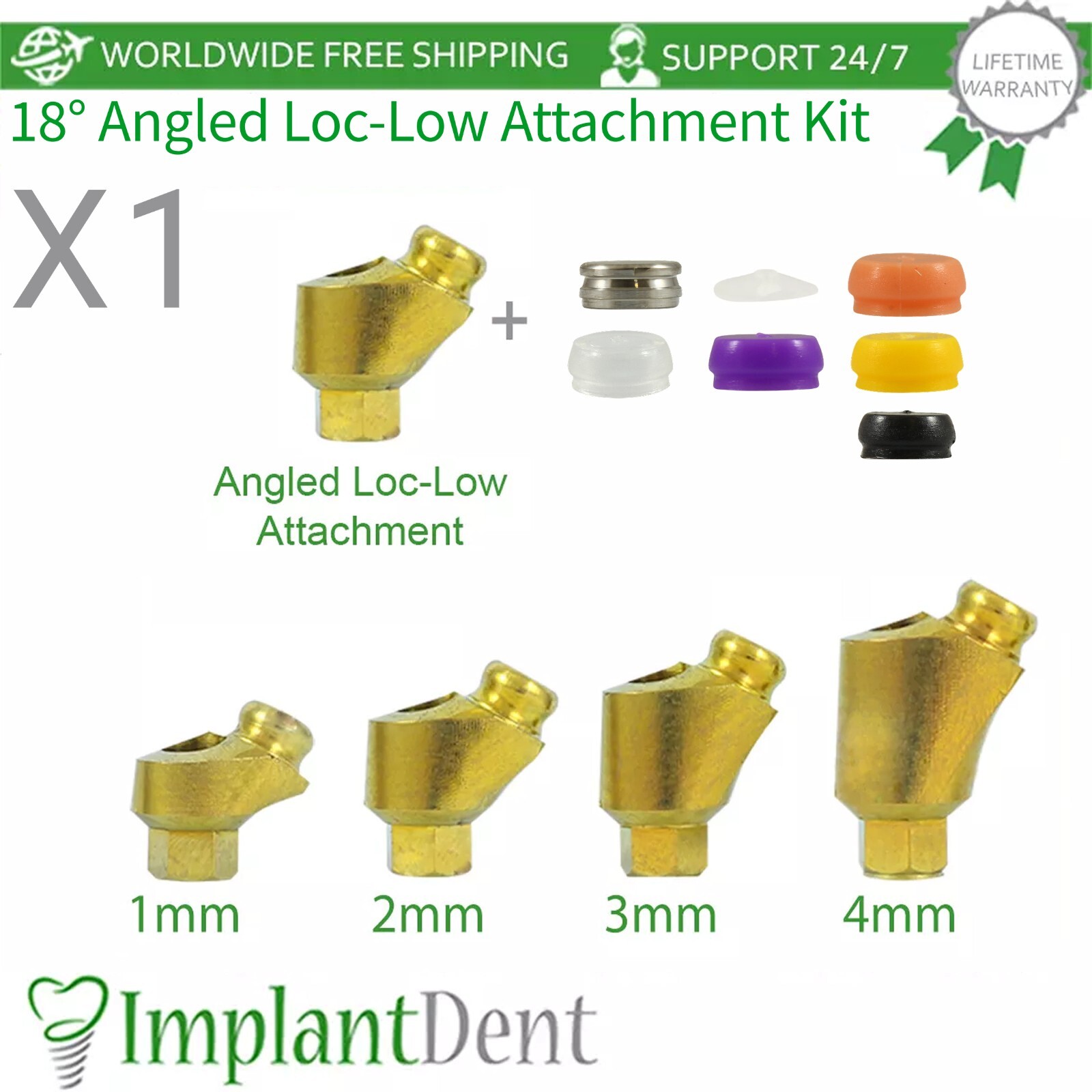 1x Dental Angulated 18° Loc-Low Attachment Premium Kit Int Hex 2.42mm