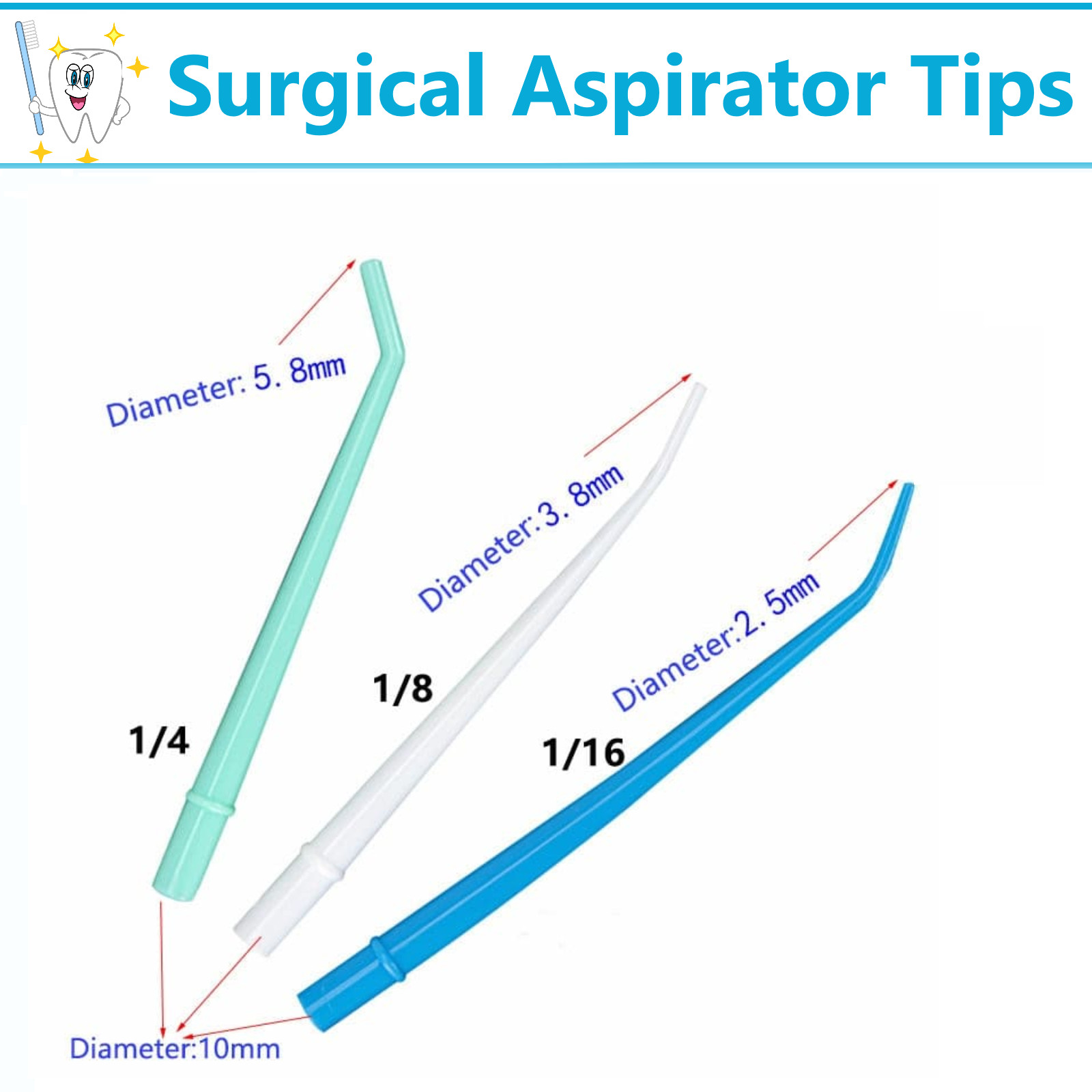 Surgical Aspirator Tips Dental Aspirating Suction Tips Blue, Green, White 25/Pk