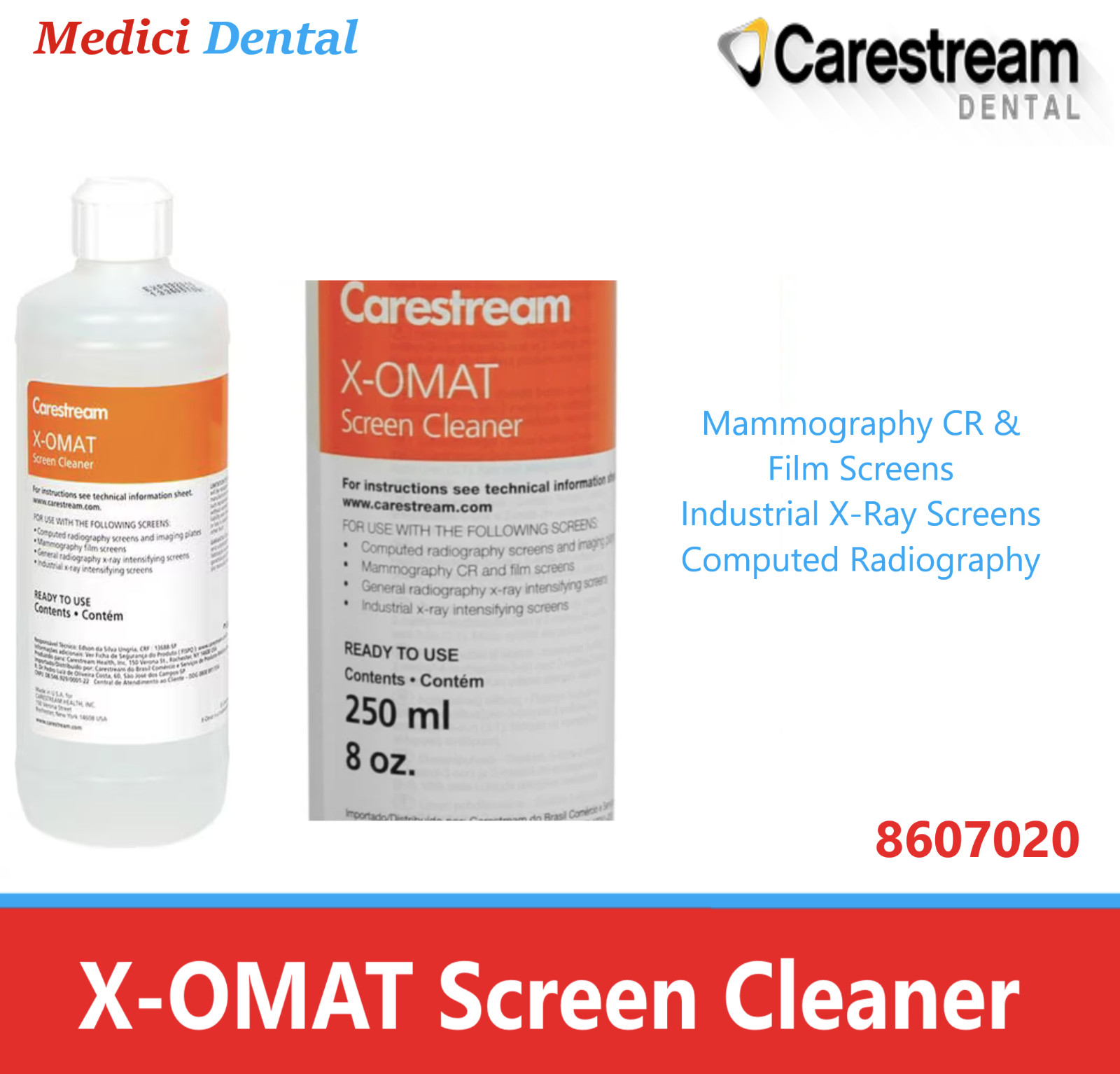 Dental X-OMAT Screen Cleaner, 250mL bottle Cleans Screens and Cassettes