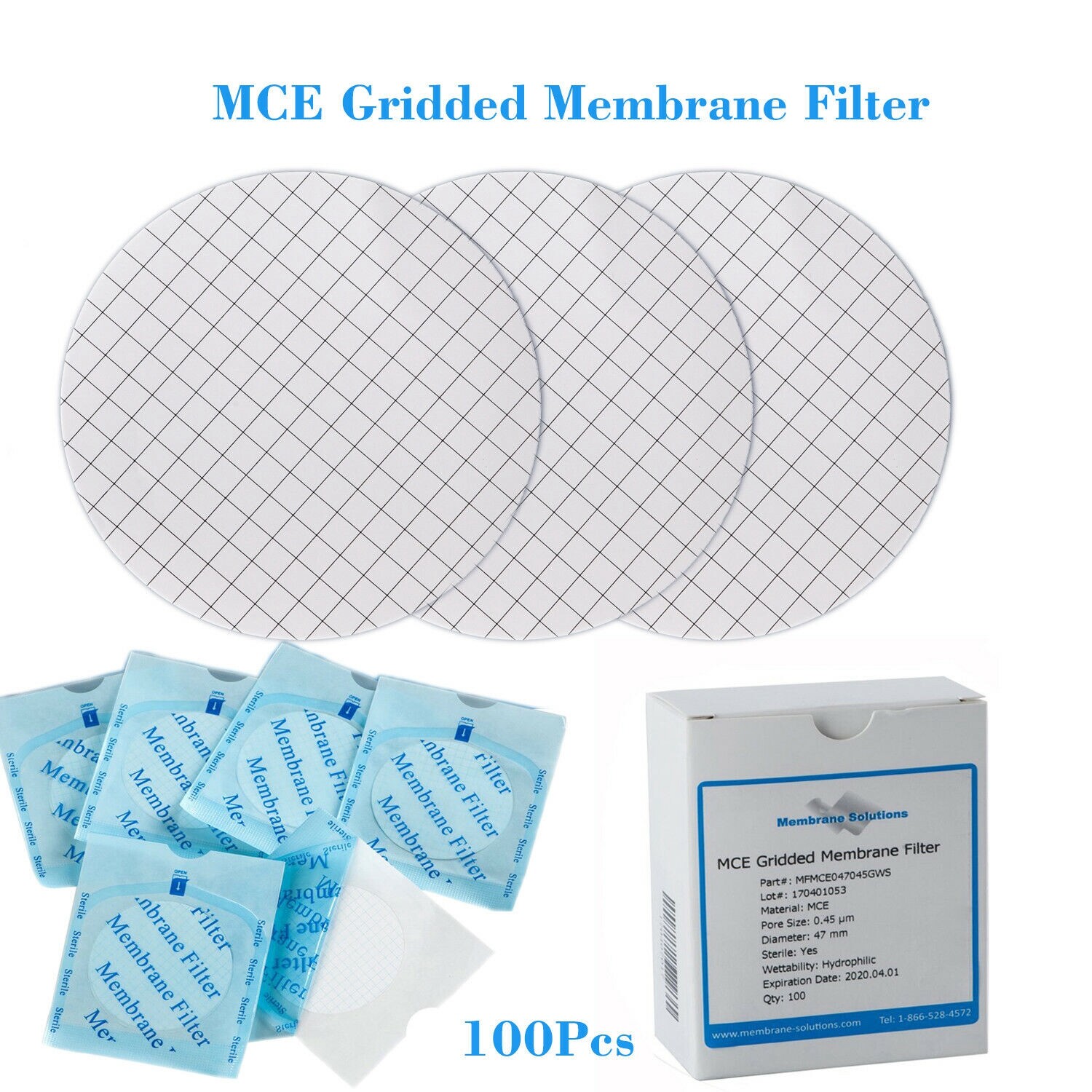 100pcs Sterile 0.45µm Membrane Filter Gridded Scientific MCE 47mm Black Grid LAB