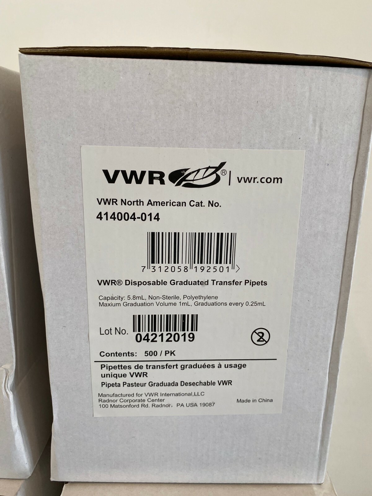 VWR 414004-014 Disposable Transfer Pipets Graduated 5.8ML Case 3000 Units