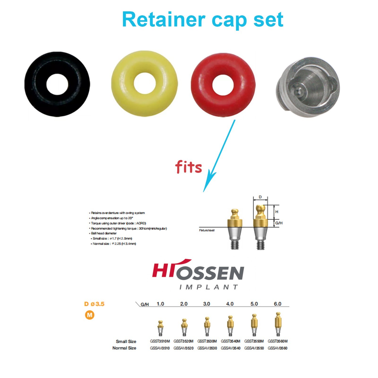 US Dental Hiossen/Osstem Fit Ball Abutment O-Ring Retention Kit Overdenture Caps