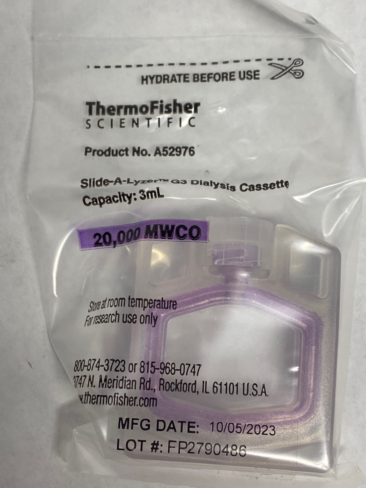 (10/Pk) THERMO PIERCE Slide-A-Lyzer G3 Dialysis Cassettes 3mL 20K MWCO A52976