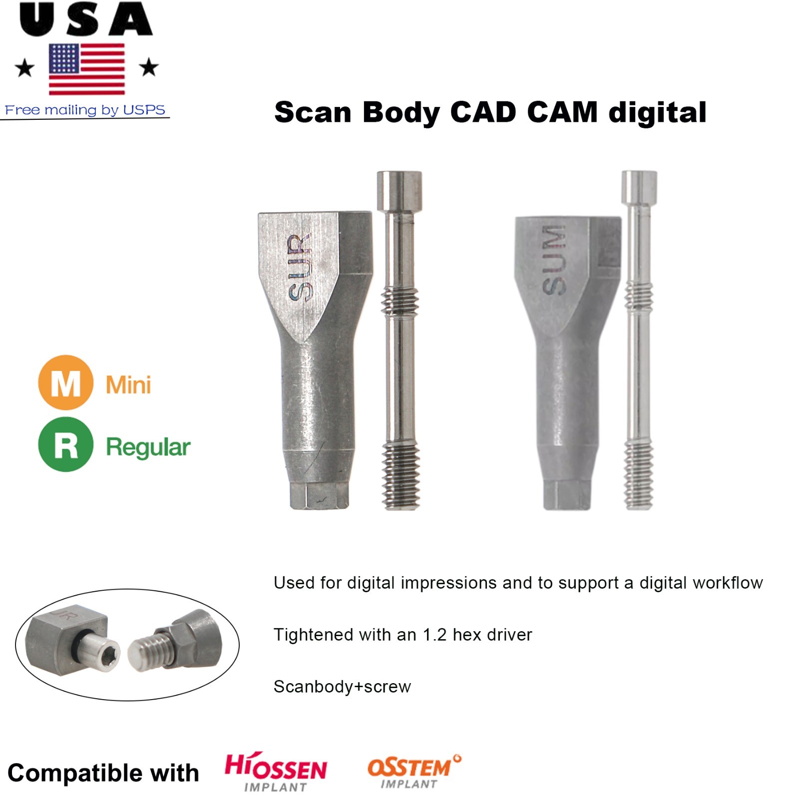 US Internal Hex Implant Scan Body CAD/CAM Abutment Compatible Hiossen Oss ET/TS