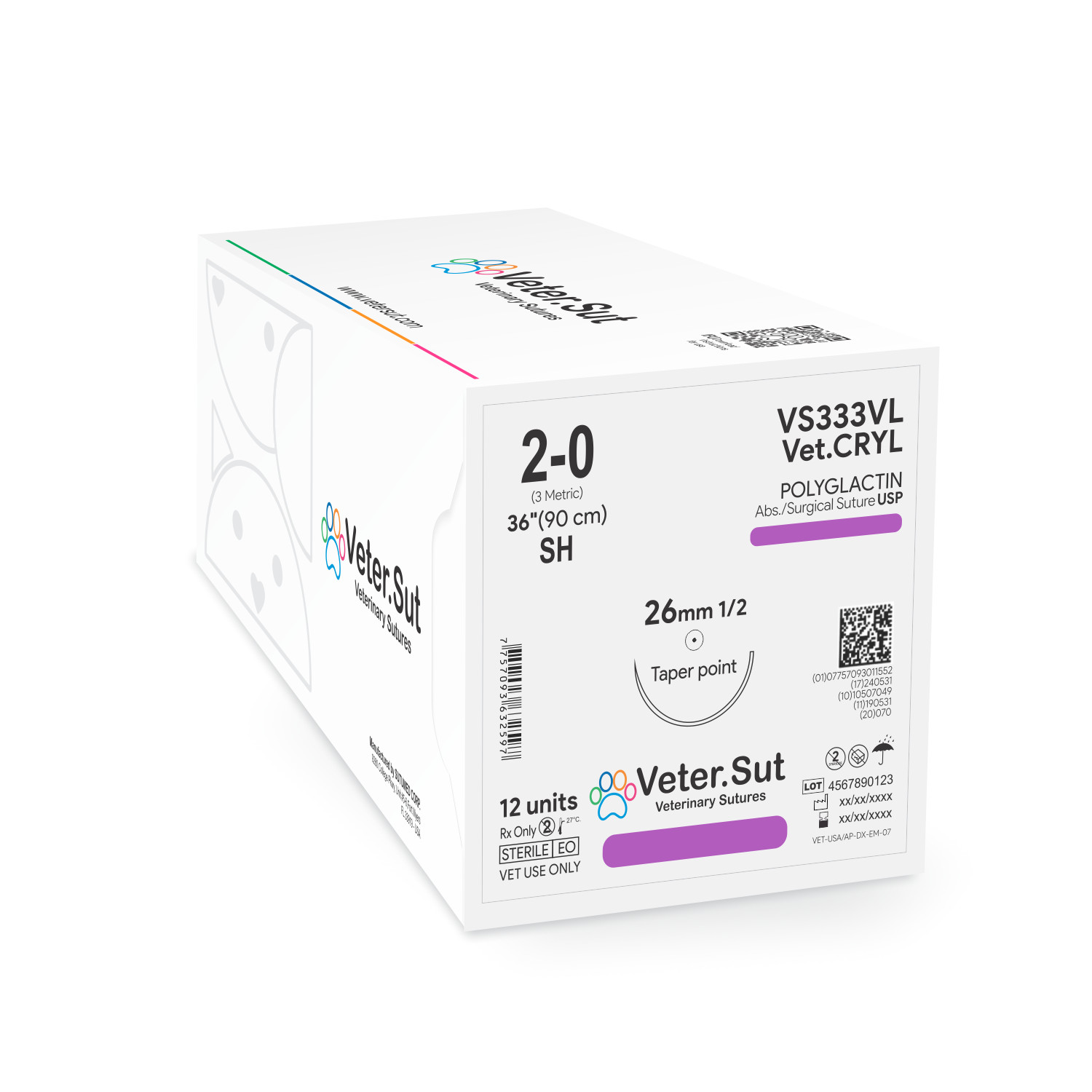Vetersut VetCRYL Polyglactin, USP 2-0, 1/2 26mm taper point Veterinary Suture