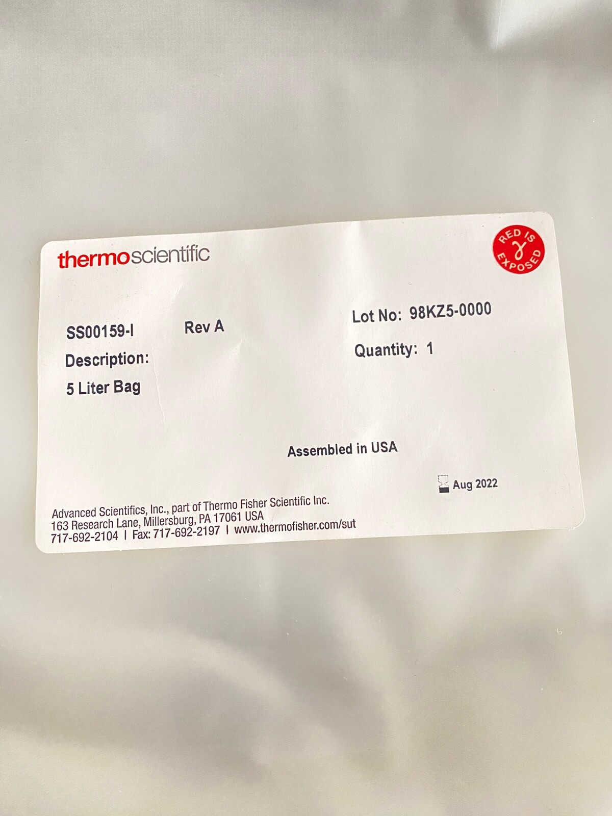THERMO SCIENTIFIC 5L 2D BioProcess Bag Container 3-Ports Filter SS00159-I