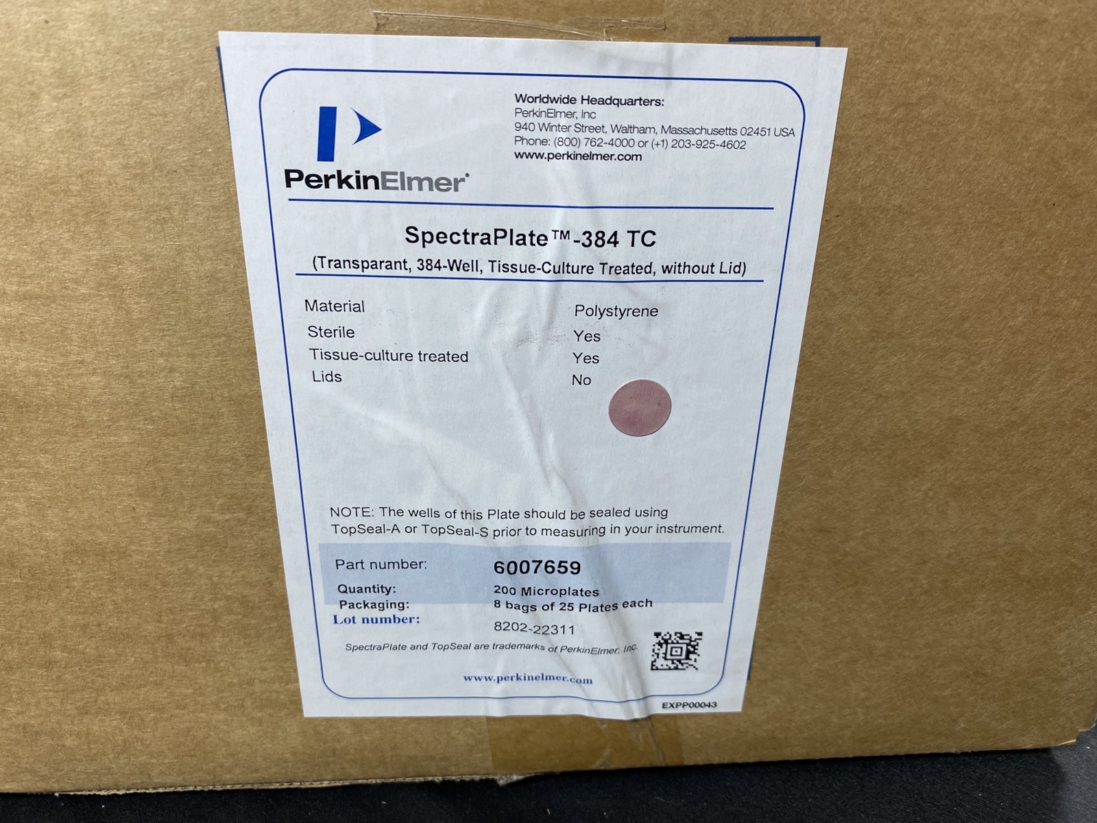 PERKIN ELMER SpectraPlate Sterile PS TC 384-Well Microplates #6007659 (175/Case)