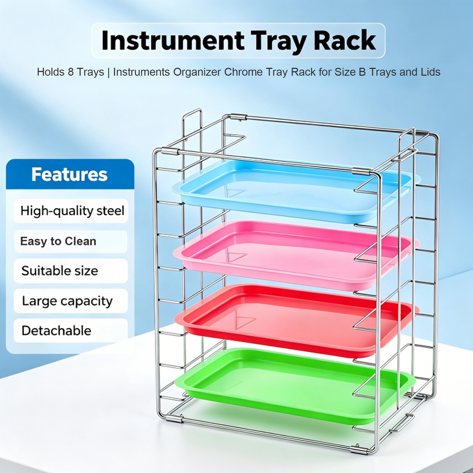 Dental Instrument Tray Rack for Size B Trays, Holds Trays with Lids, Capacity 8