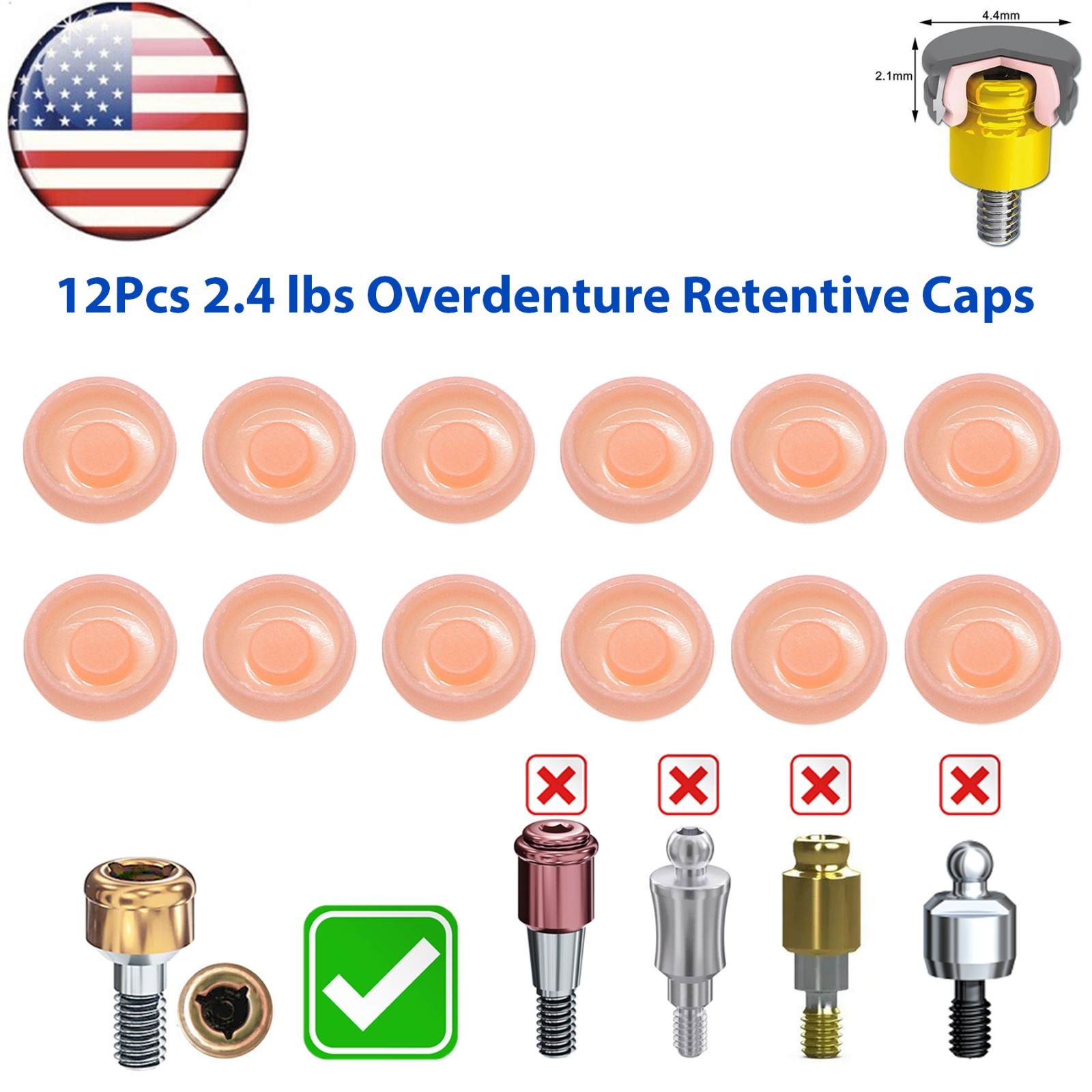 US Dental Overdenture Locator Retention Caps 1.2/2.4lbs For Abutment Inserts Set