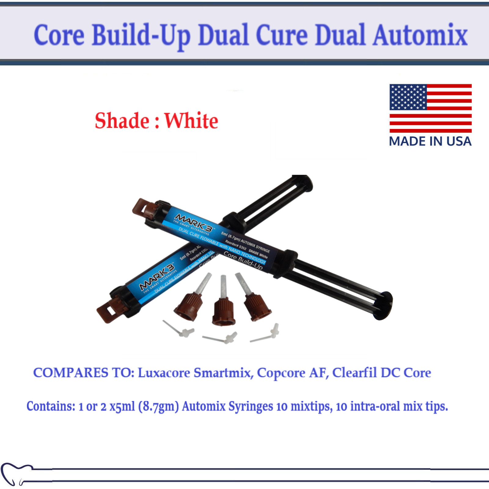 Dental Core Build-Up Dual Cure Dual Automix White 2 x 5ml (8.7gm) Syrs + 10 Tips