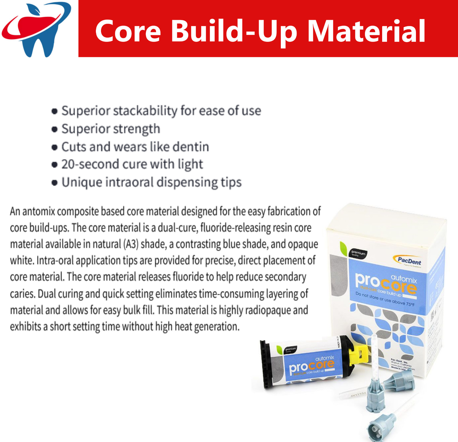 Dental ProCore™ Dual Cure Core Build-Up Core Material, PacDent A2 or Blue, 50ml