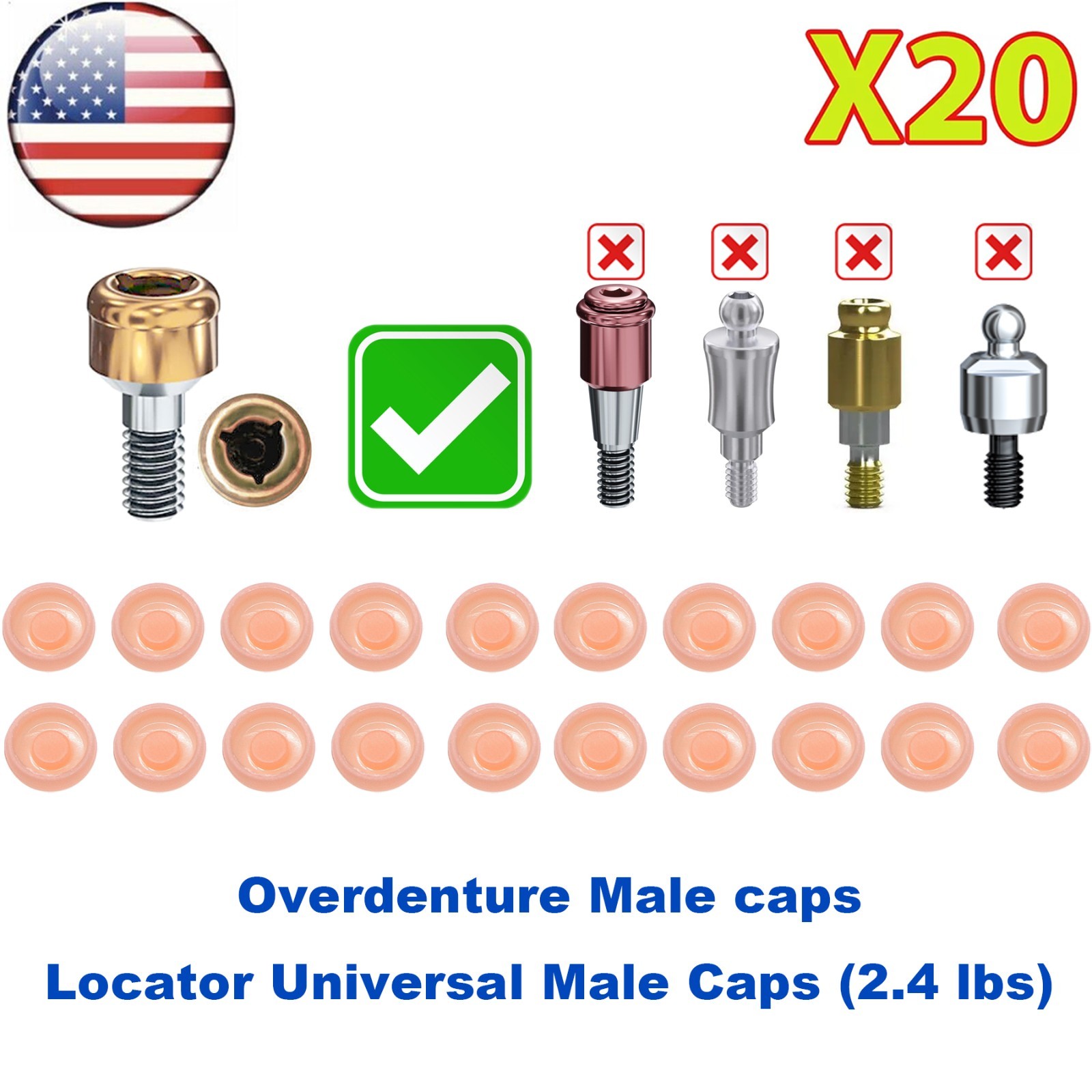 US Dental Overdenture Locator Retention Caps 1.2/2.4lbs For Abutment Inserts Set