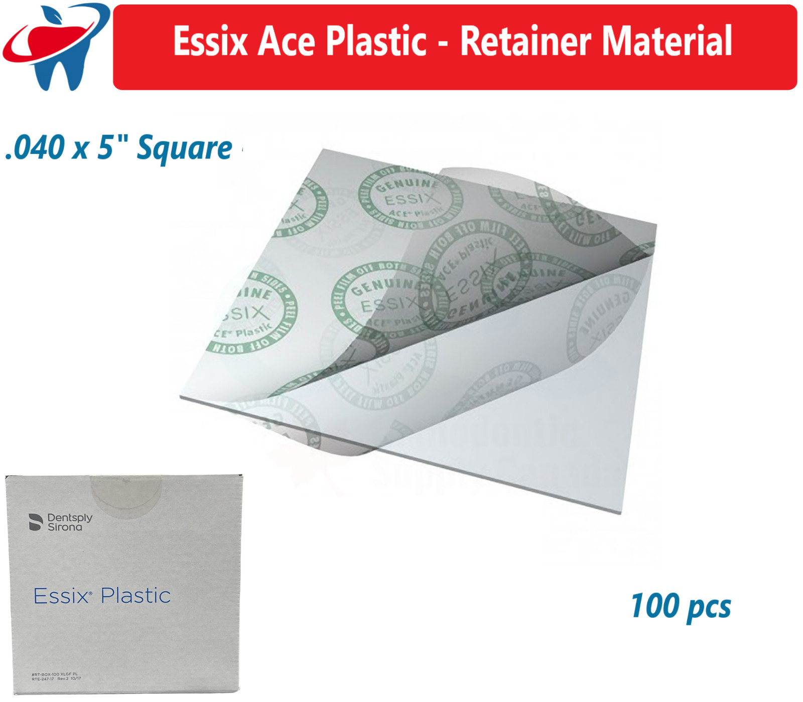 Dentsply – Essix Ace Plastic – Retainer Material – .040 x 5″ Square – 100 pcs