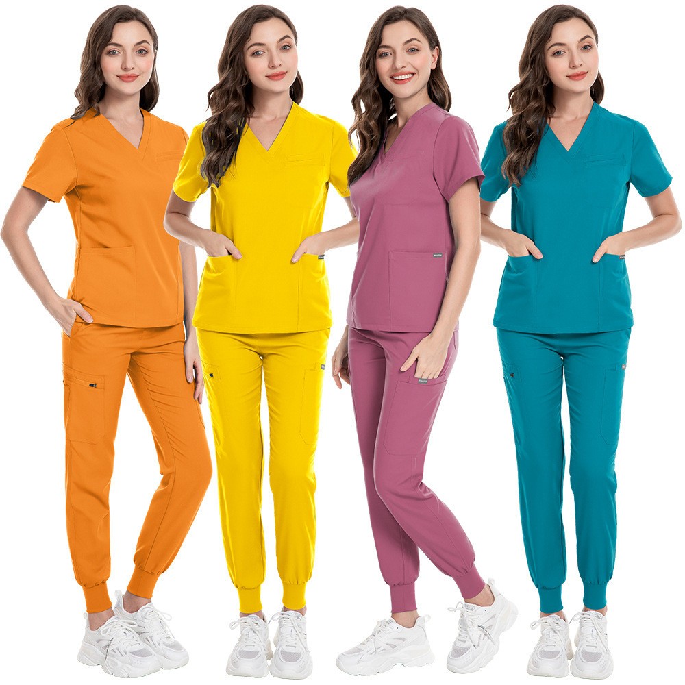 Women’s V-Neck Medical Uniform Scrub Set with Modern Yoga Waistband Jogger Pants