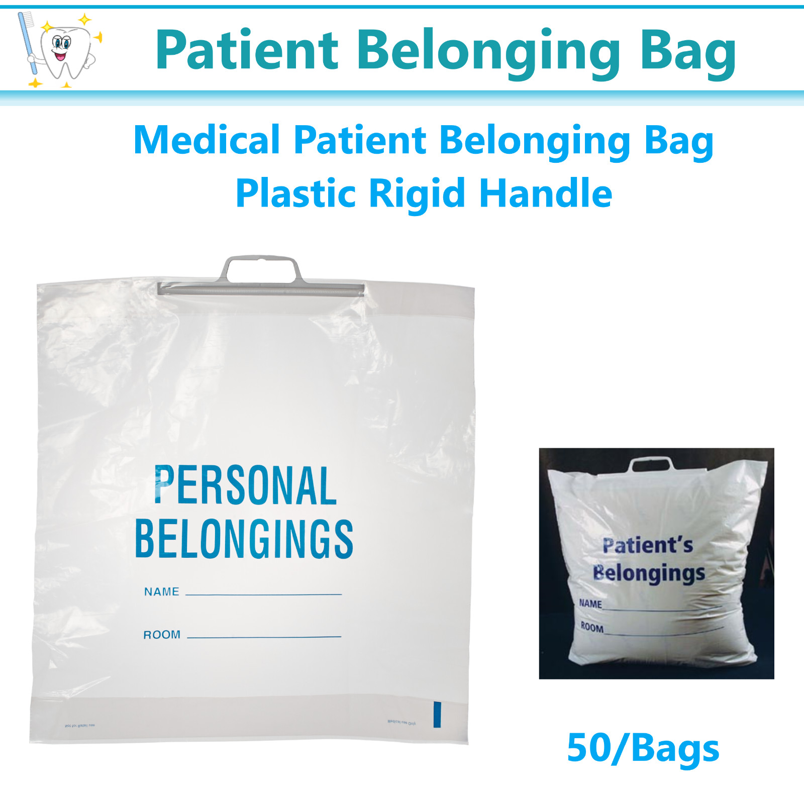 MEDICAL PATIENT PERSONAL BELONGINGS BAGS Plastic Rigid Handle Bag w/info, 50/bx