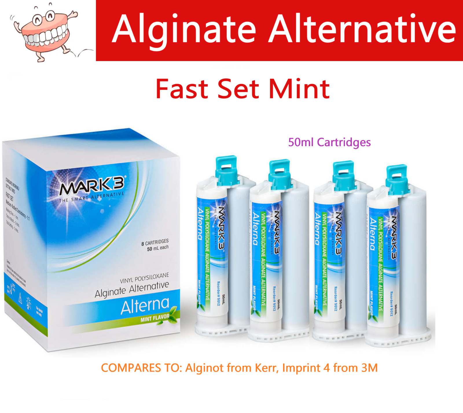 Dental Alginate Substitute 8 x 50mL Cartridges FAST SET – Mint, 380mL Made in US