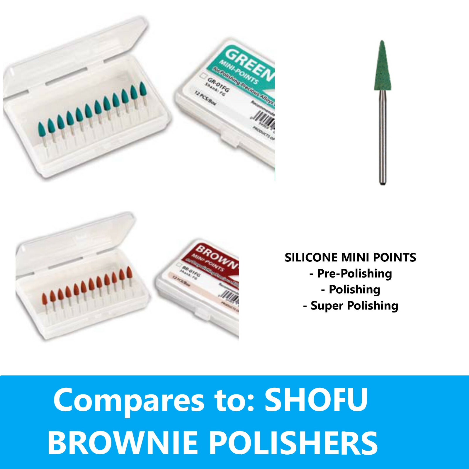Brownie Stone, FG, Mini Point, 12/pk Pre-Polishing, Polishing, Super-Polishing