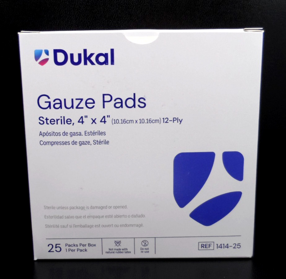 Dukal Gauze Pads 4″ x 4″ Sterile 12 ply ~ 25 Packs per Box ~ 1 Per Pack 1414-25