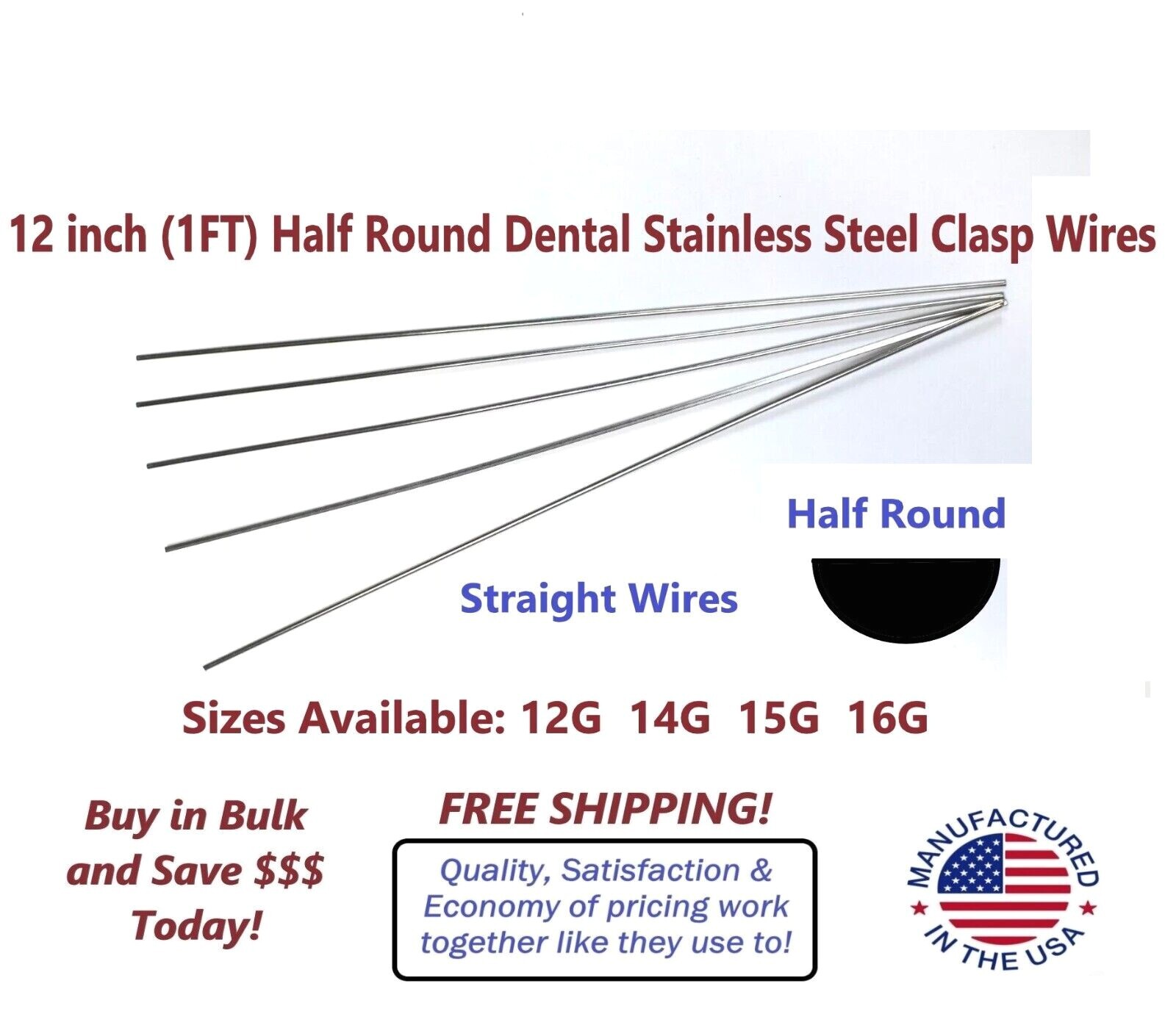 12 inch HALF ROUND Dental Stainless Steel Clasp Wire. Pick a Gauge Size! 12G-16G