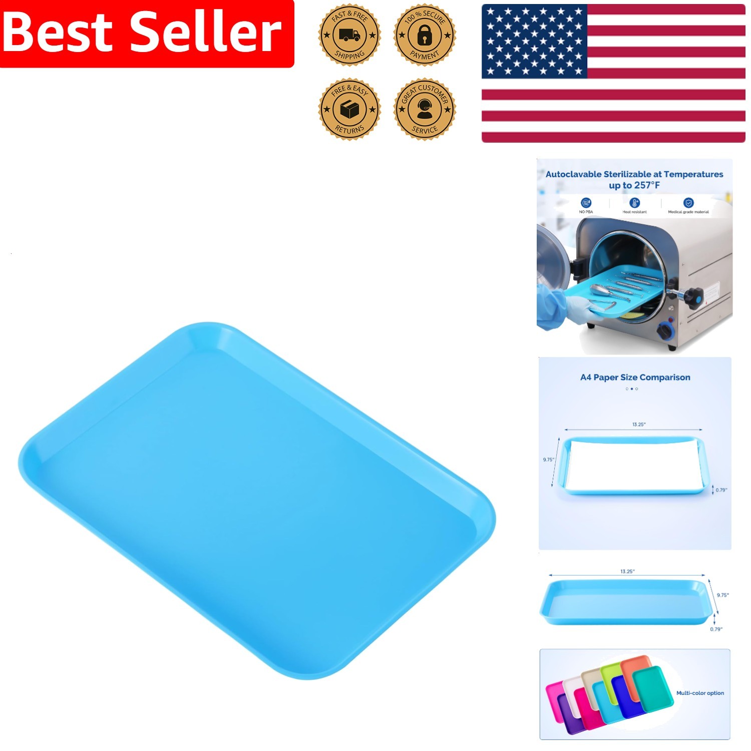 Sturdy Plastic Flat Tray Blue Medical Dental Lab Instrument Large 13.25