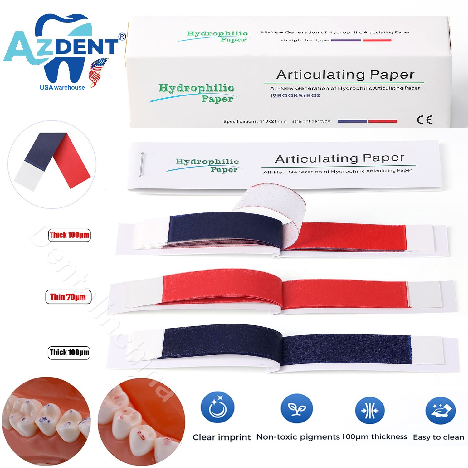 AZDENT Dental Articulating Papers Double Sided Strips Red/Blue Thin Bite Paper
