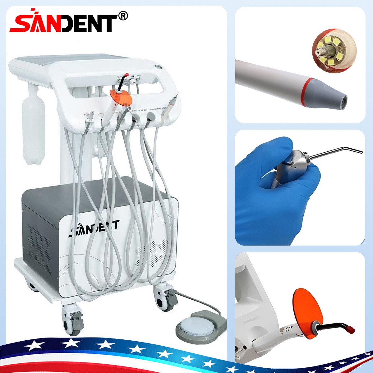 4-HOLE Dental Delivery Mobile Cart Unit Equipment w/compressor Scaler Light