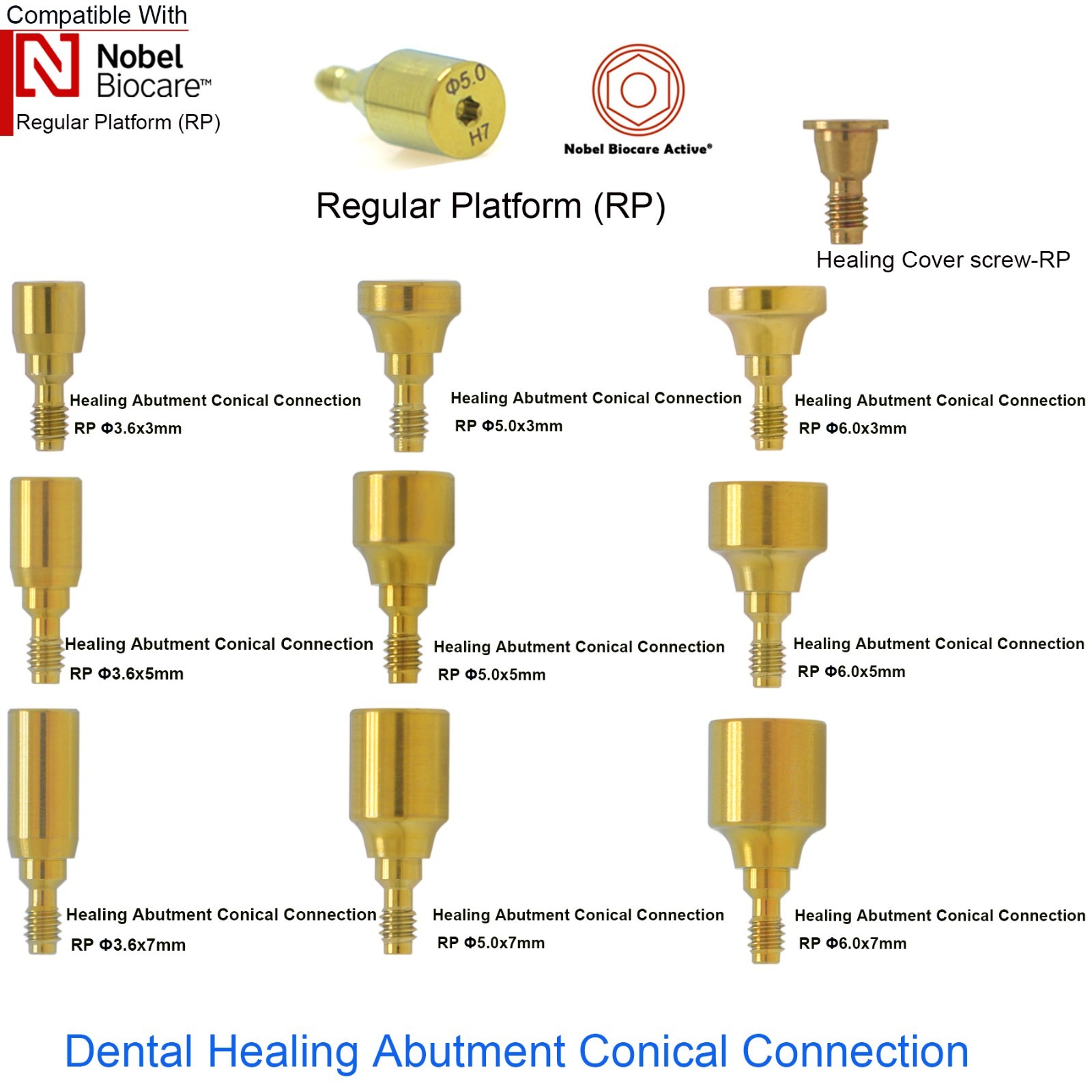 US Dental Nobel Healing Abutment 3.6/5.0/6.0mm & 3/5/7mm Height NP/RP Compatible