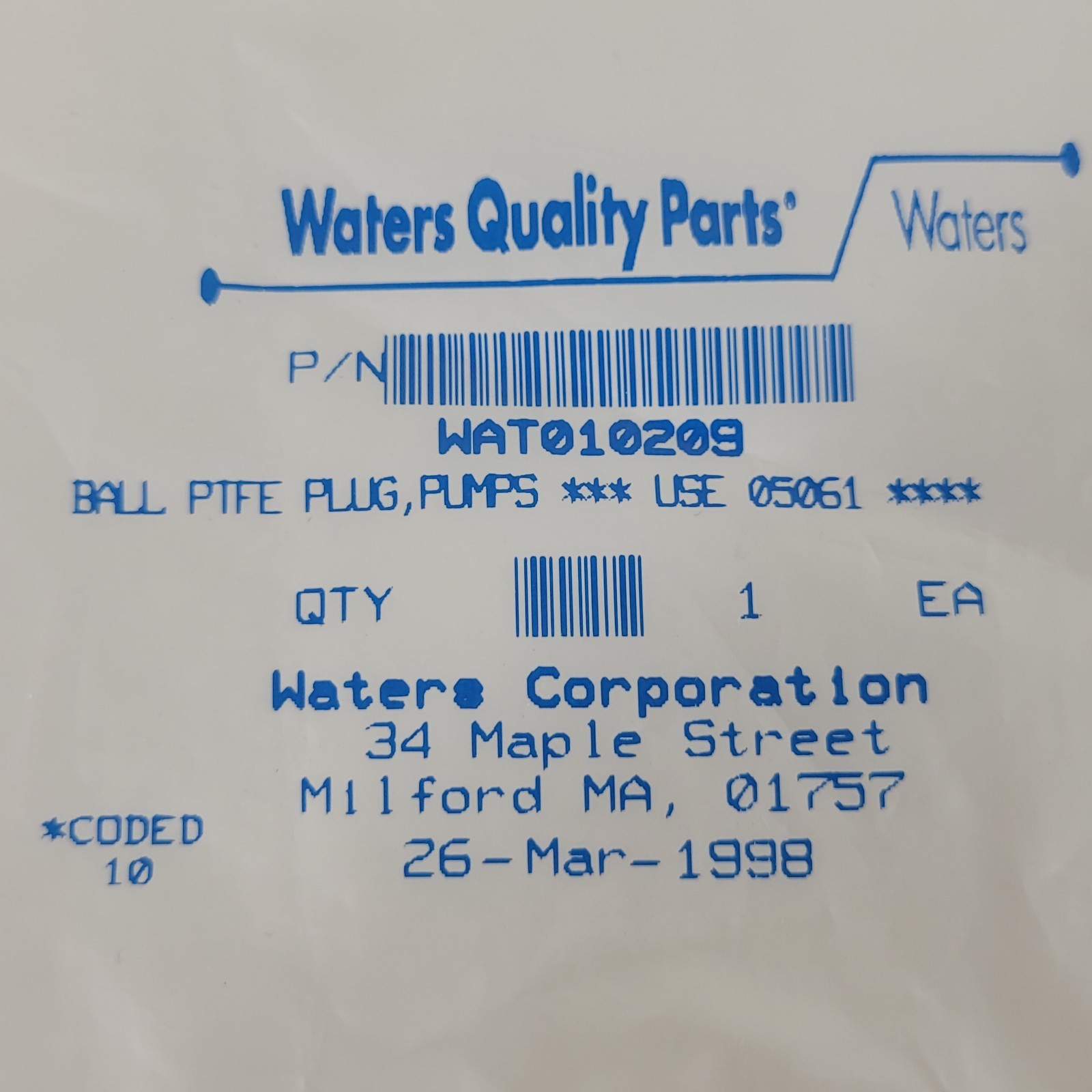 Waters WAT010209 PTFE Ball Seal Plug for 501 510 590 6000A HPLC Pumps