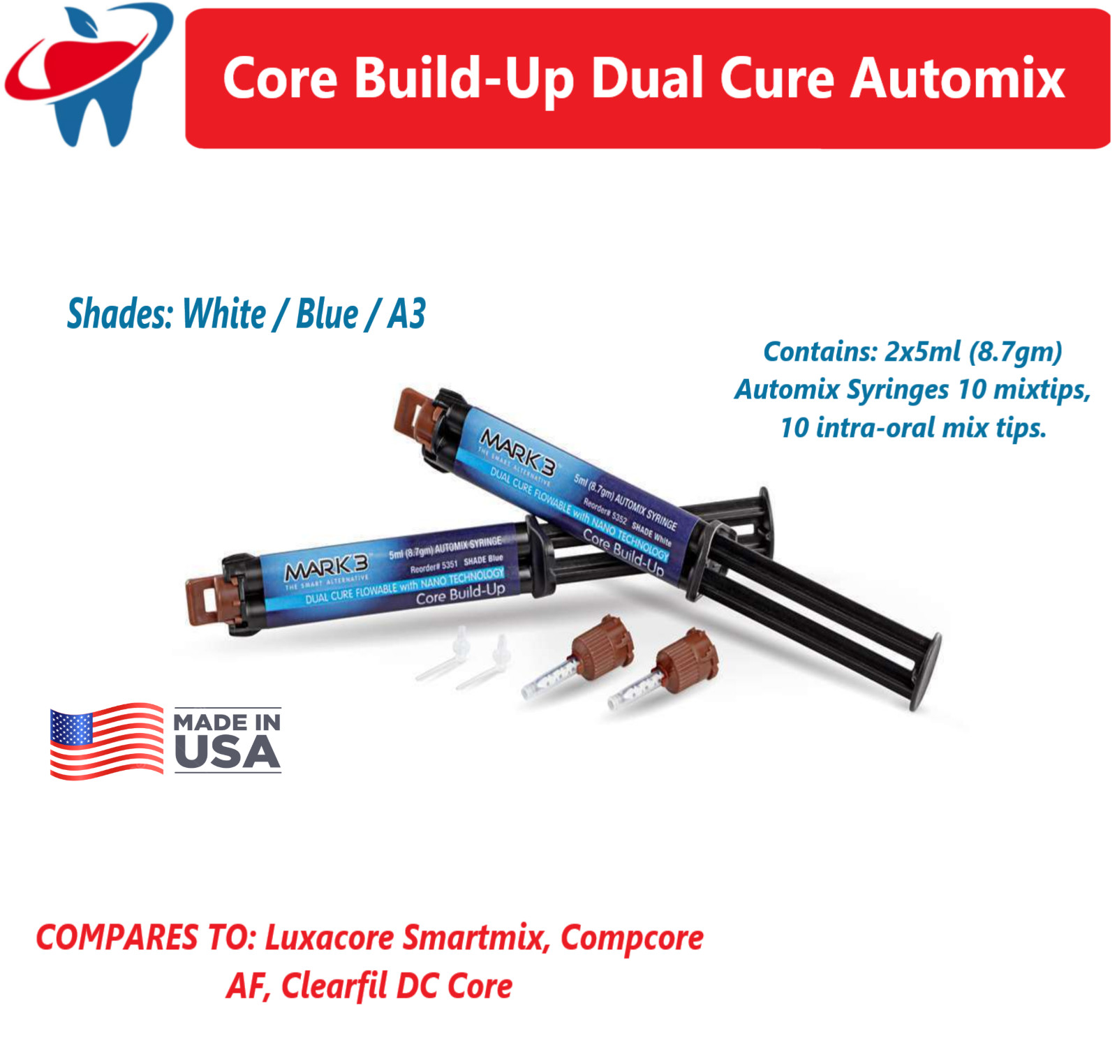 Dental Dual Cure Core Build Up Material, Automix Syringe, Blue, White, A3, US 5m