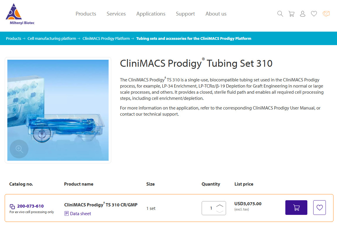 Miltenyi Biotec CliniMACS Prodigy TS 310 REF 200-073-610 EXP 2026-04-04