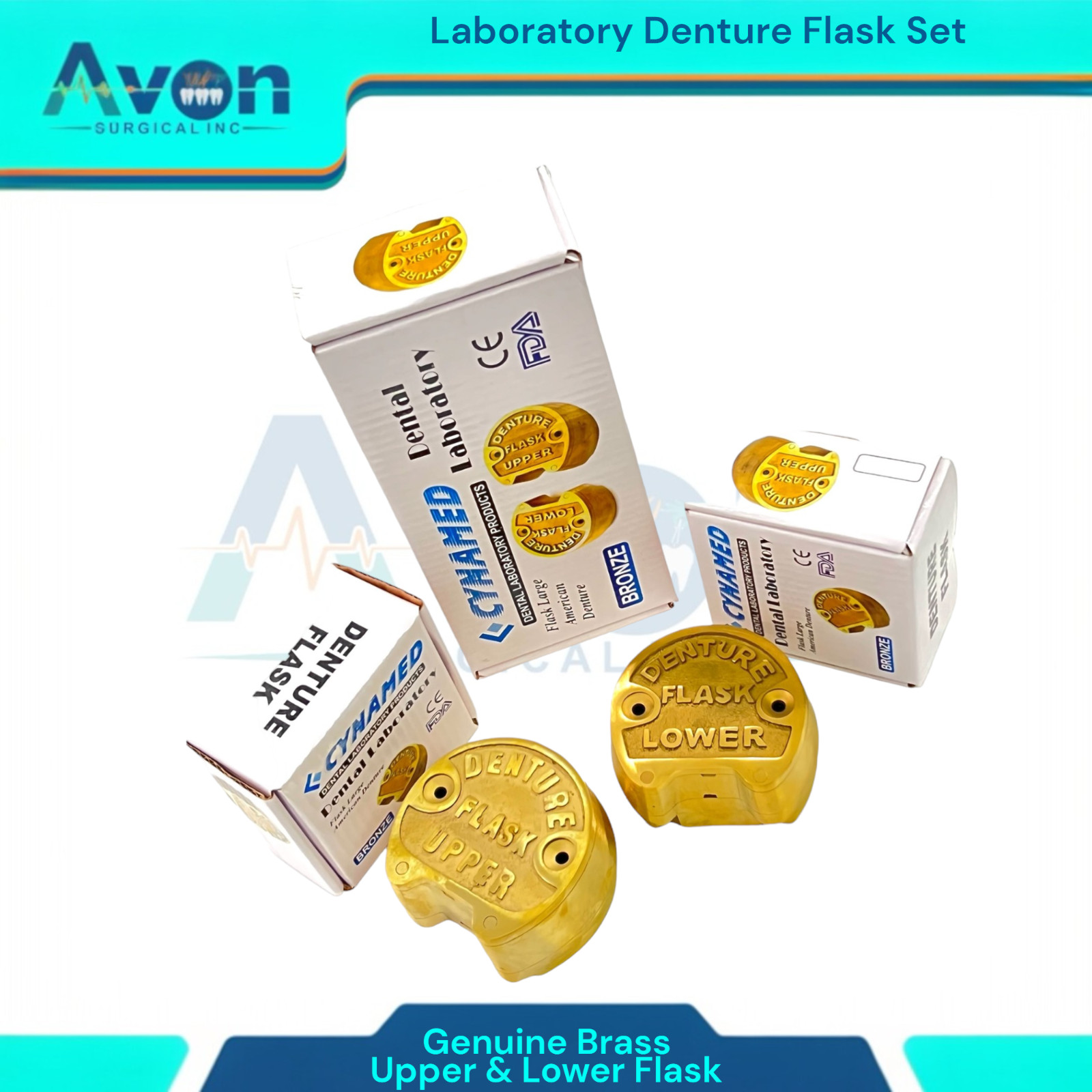 Set of 3 | Denture Compression Flask Press + Upper & Lower Flasks -Genuine Brass