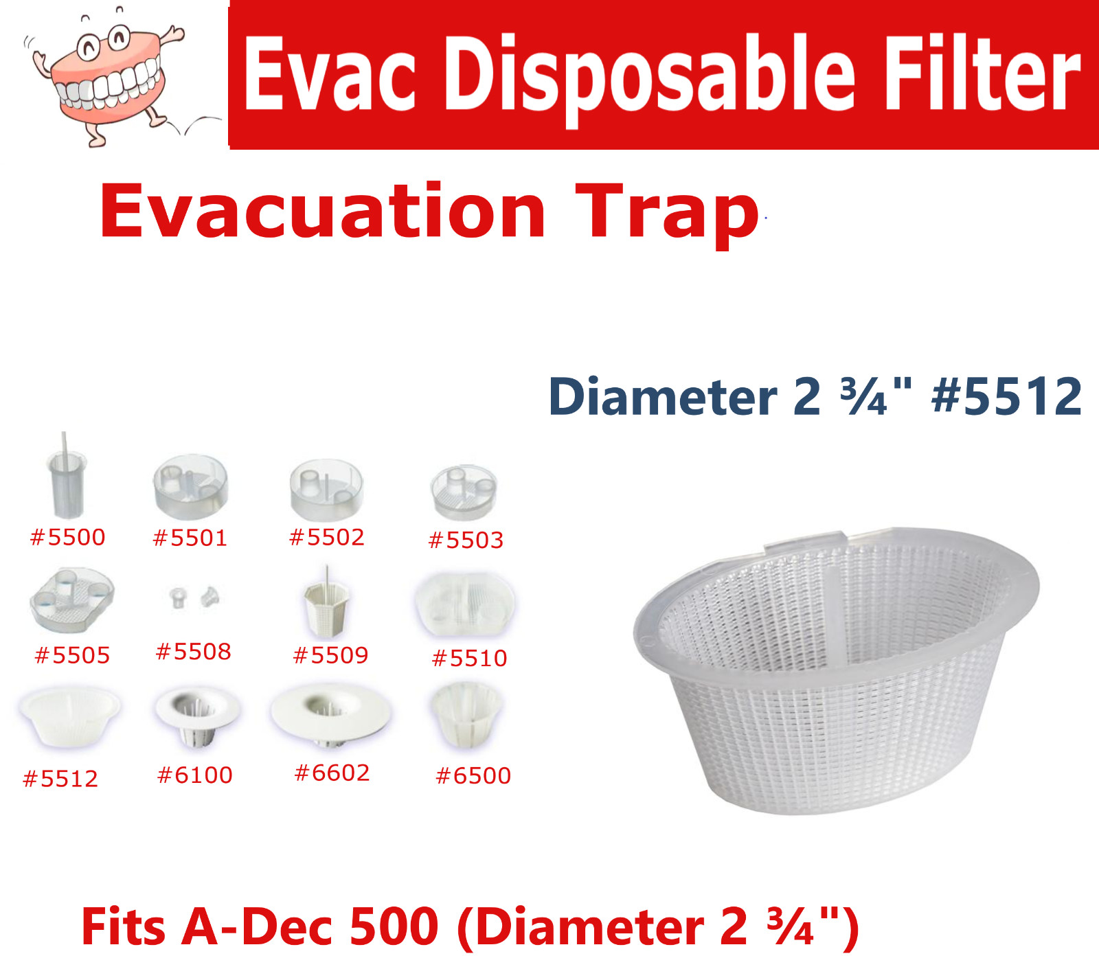 Dental Evacuation Trap 2 3/4, Fits A-Dec 500, Model #5512