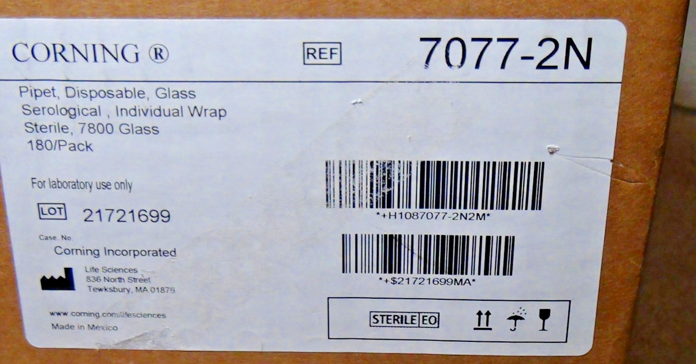 2ml Corning Pyrex Disposable Glass Short Pipets 7077-2N (110) Units