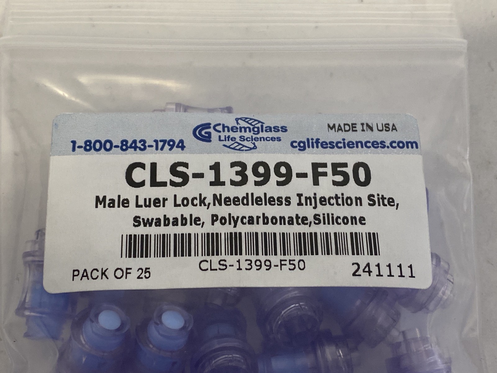 (25/Pk) CHEMGLASS PC Male Luer Lock Swabable Valve Fittings CLS-1399-F50