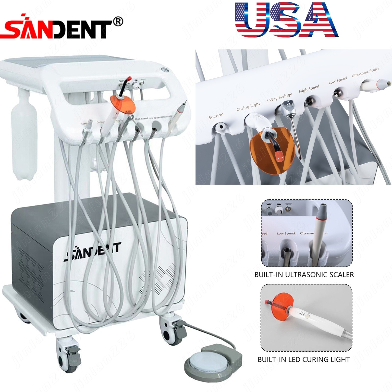 4-HOLE Dental Delivery Mobile Cart Unit Equipment w/compressor Scaler Light