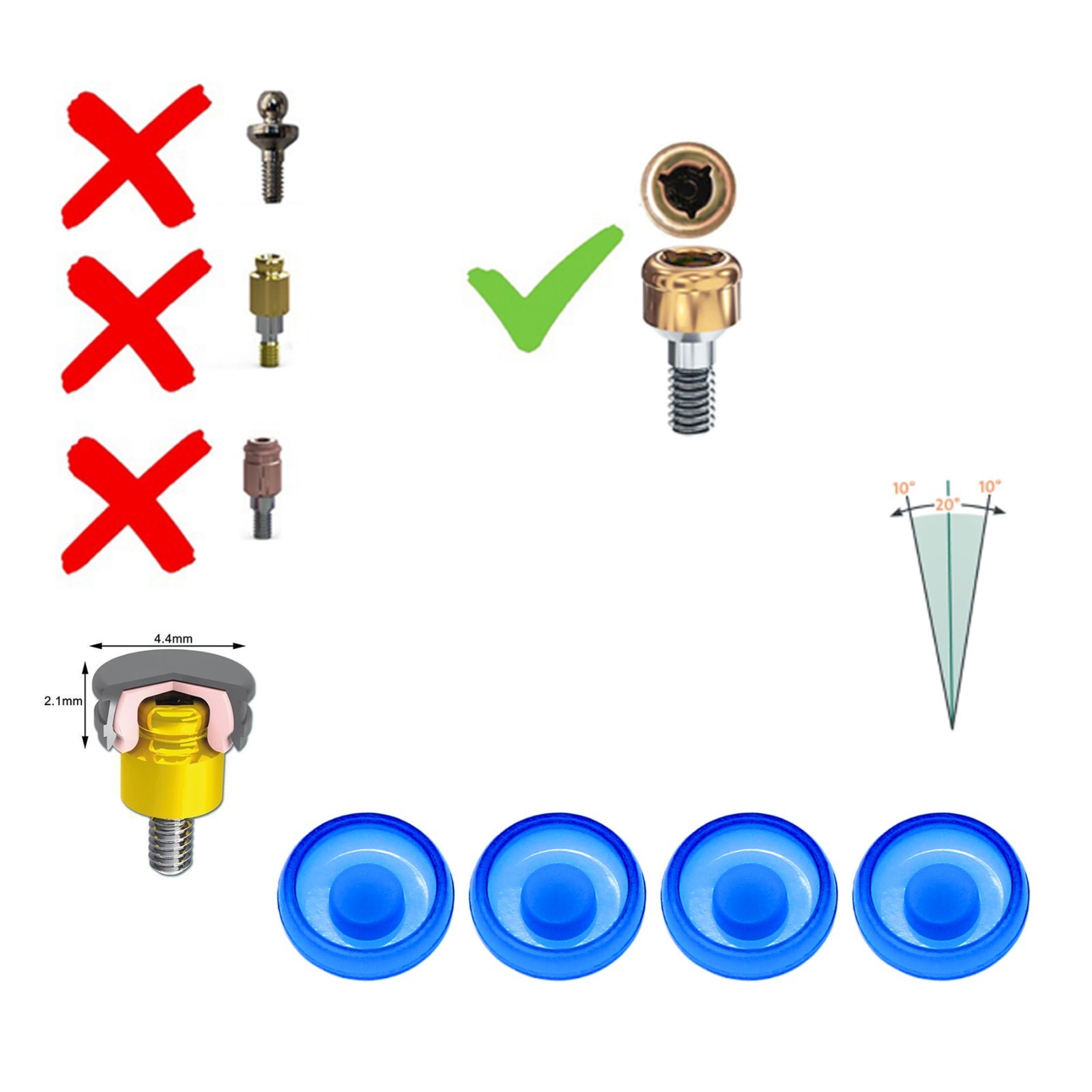 4Pcs Dental Locator Blue Standard Xtra-Light 1.2lbs Male Replacement Cap Inserts