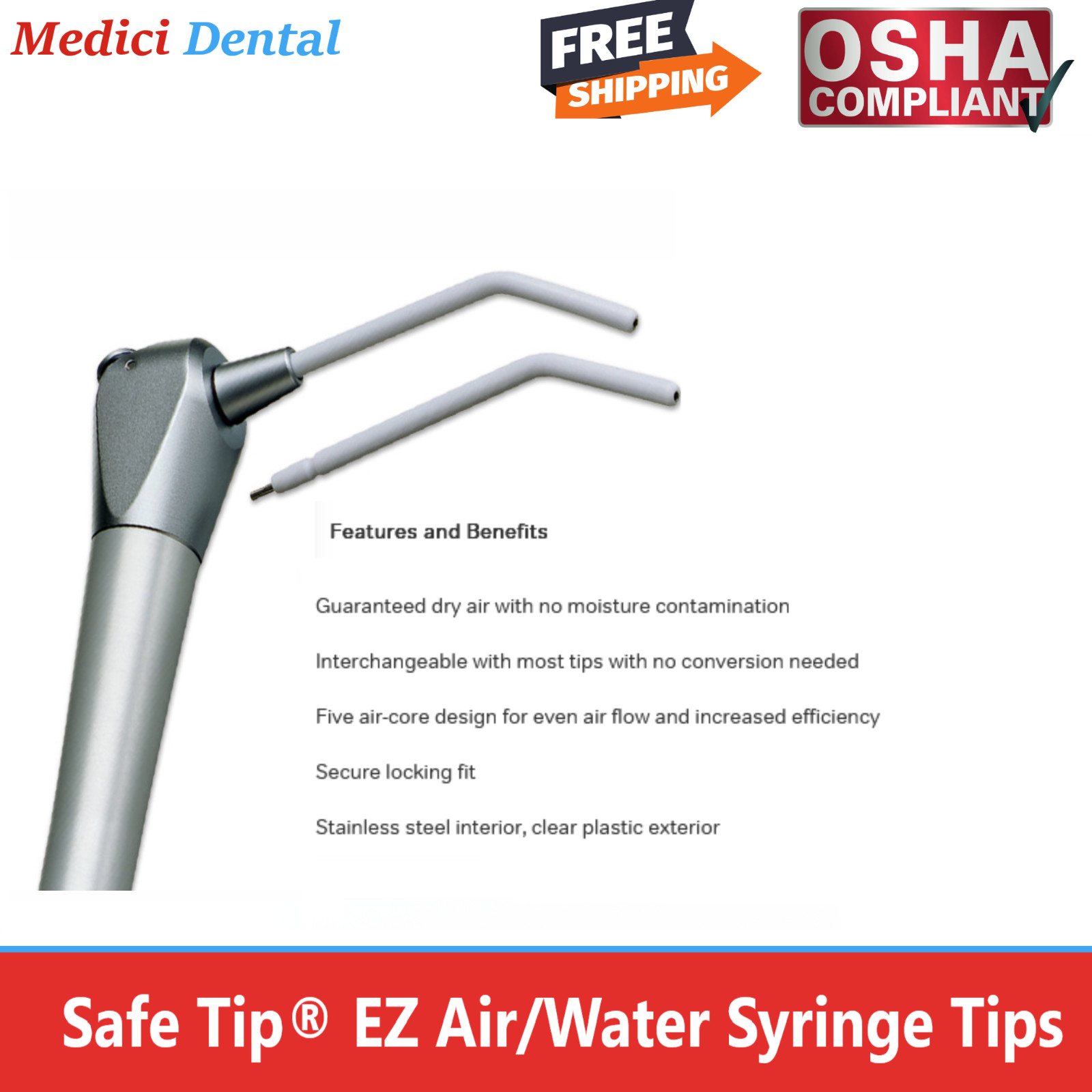 Dental Safe Tip EZ Air Water Syringe Tips, Metal Core Tip, White Base To-1600/Bx