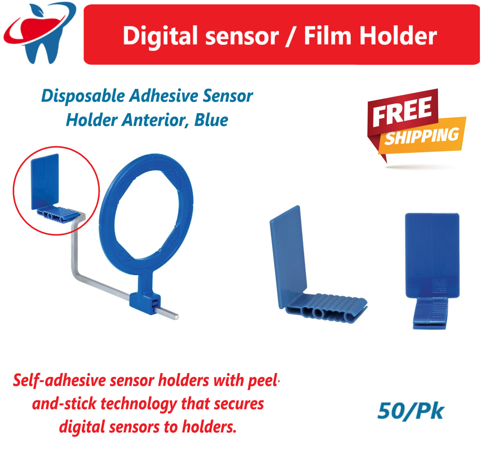 Dental X-Ray XIOS Plus Disposable Digital Sensor Holder, Anterior, Blue, 50/pk