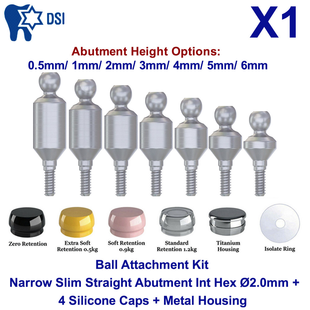 1x DSI Dental Fixture Ball Attachment Full Kit Narrow Slim Cap Inserts Housing