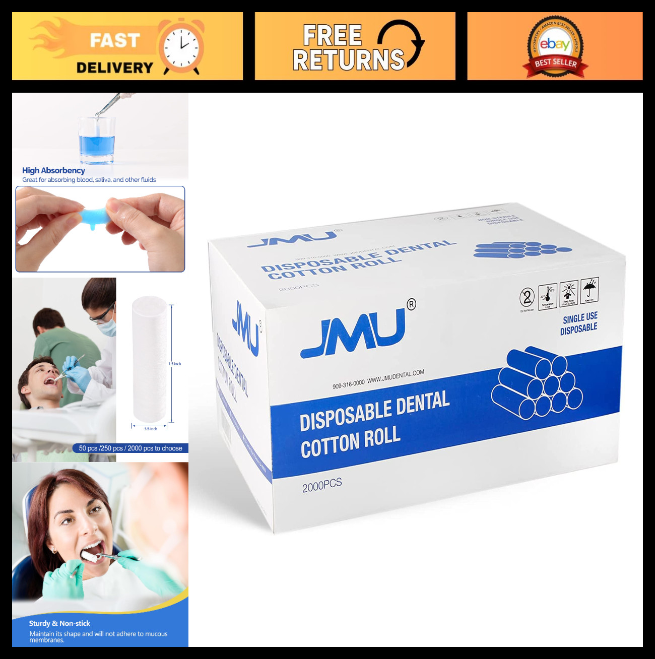 2000 Pcs Dental Cotton Rolls #2, 1.5” Non-Sterile High Absorbent Nosebleed Stop