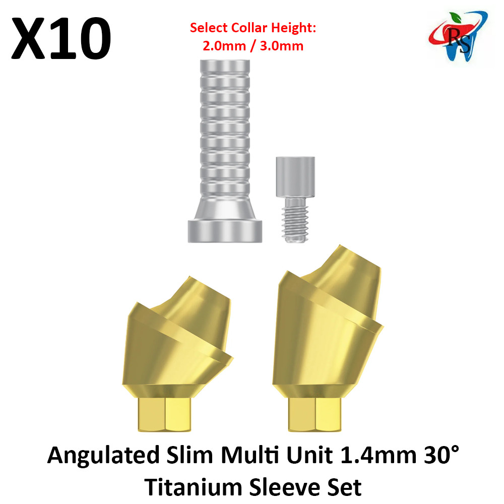 10x Dental Angulated Slim Multi Unit 1.4mm 30° Int Hex 2.0 Titanium Sleeve Set