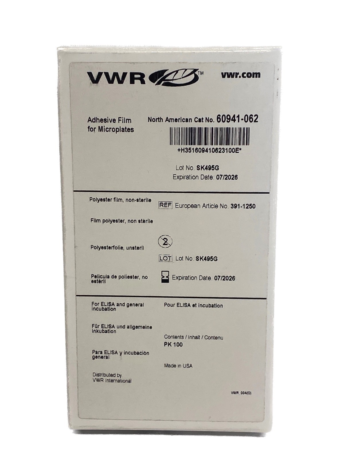 (100/Pk) VWR ELISA Adhesive Sealing Film for MicroPlates Non-Sterile 60941-062