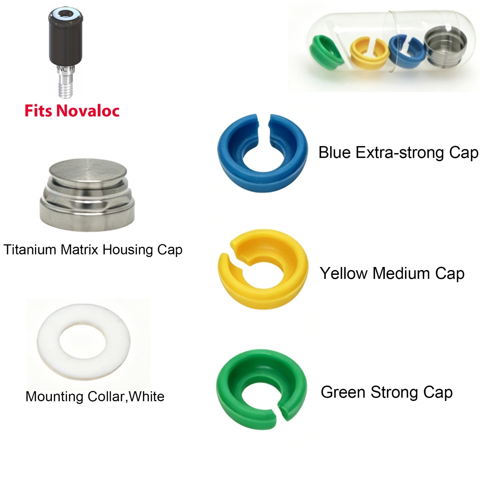 5Pcs Dental Novaloc Retention Inserts Caps Kit Peek Matrix Titanium Housing Caps